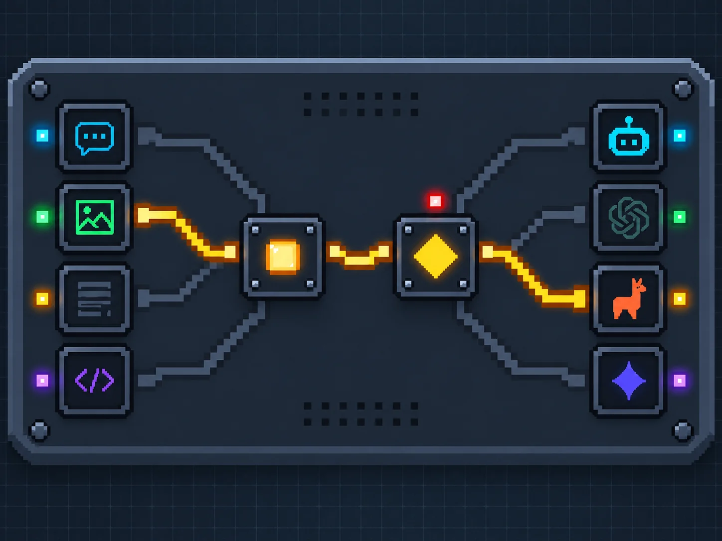 A pixelated routing panel with one yellow path lit between task and model icons.